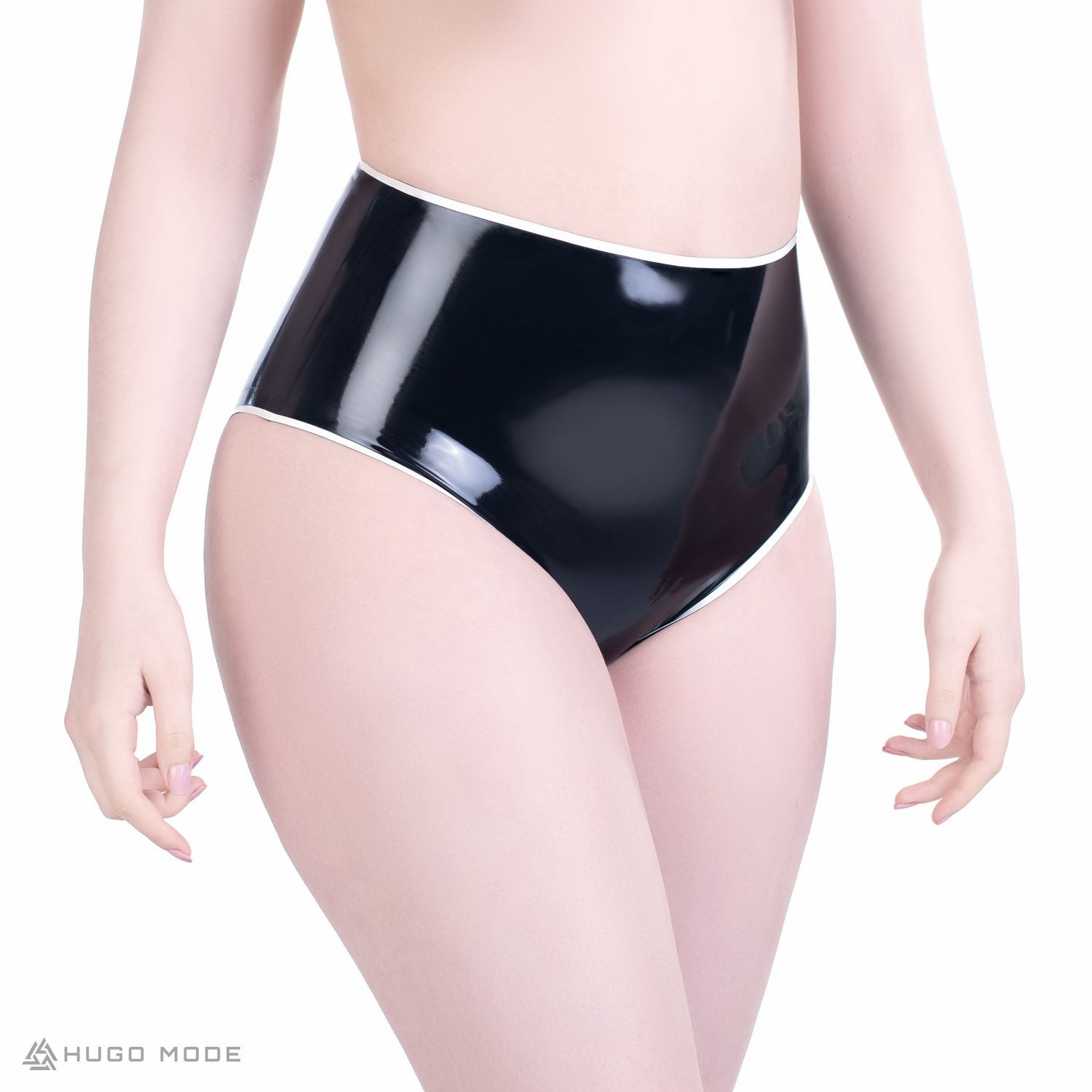 High-waisted latex panties with a contrast stripe.