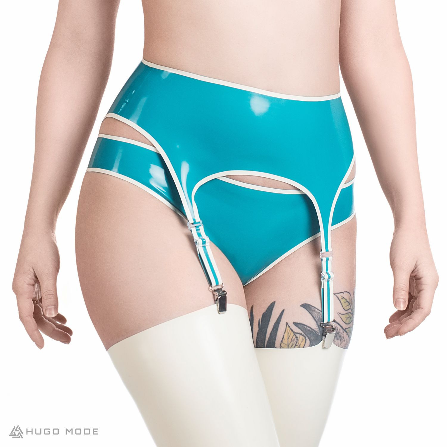 A latex garter belt in turquoise with a white contrast stripe.